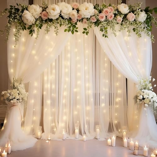20x8ft White Tulle Backdrop Curtain with Lights String for Parites, Sheer Photo Backdrop Drapes with Lights for Wedding Ceremony Reception Bridal Shower Baby Shower Birthday Party by PartyTalk