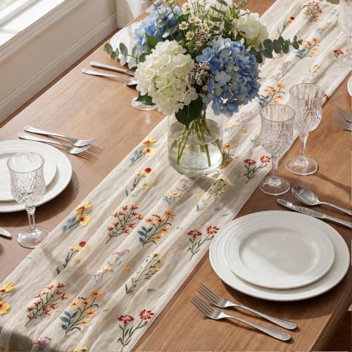 Artoid Mode Wildflower Beige Apricot Embroidery Table Runner 120 Inch 10FT - Image 5
