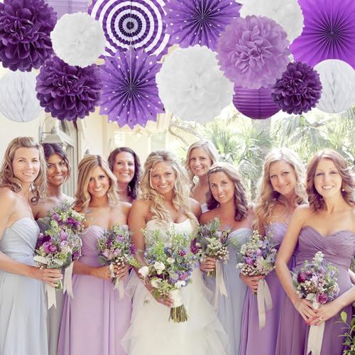 Lavender-Purple White Graduation Party Decorations - 20pcs Paper Lanterns Fans,Tissue Pom Poms,Honeycomb Balls,Birthday Wedding Bridal Baby Shower Engagement Bachelorette Decor Burgleda - Image 4