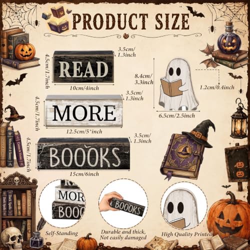 Moucuny 4 Pcs Halloween Table Decoration Wooden Ghost Reading Stacked Block - Image 2