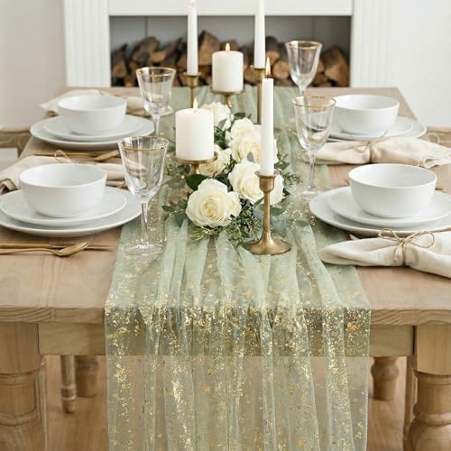 Artoid Mode Sage Green Gold Gauze Table Runner 59x120 Inch 10FT, Glitter Metallic Foil Sheer Dining Wedding Anniversary Holiday Birthday Table Decor for Home Party - Image 4