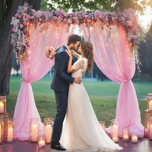 20×10ft Pink Tulle Backdrop Curtain with Lights String for Parties, Sheer Photo Backdrop Curtains for Wedding Party Photography Background - Image 2