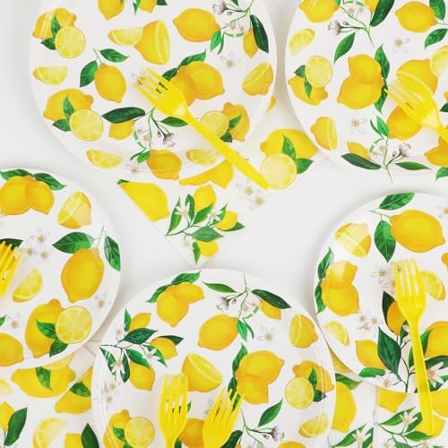 Wiooffen 96 Pcs Lemon Party Yellow Lemons Summer Party Decoration For Birthday Party Tableware Set Lemon Theme Party Paper Plate Napkin Fork 24 Guests - Image 5