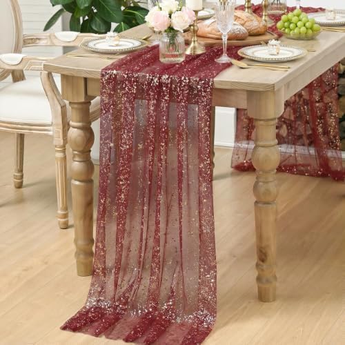 Artoid Mode 6PC Burgundy Gold Gauze Table Runner 120 Inch 10FT, Glitter Metallic Foil Sheer Dining Wedding Anniversary Holiday Birthday Table Decor for Home Party - Image 7