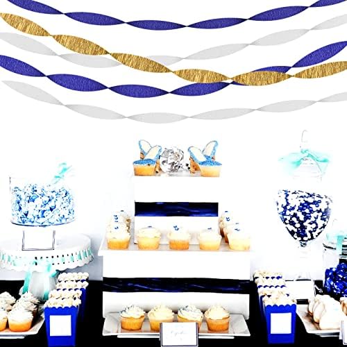 Navy-Blue White-Gold Crepe Paper Streamers - 9 Rolls Royal Blue Graduation 2026 Men Boy Birthday Party Decorations Streamer Wedding Bridal Shower Paper Garland Fathers Day Decor Panduola - Image 2