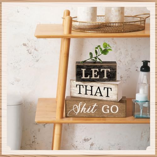 Moucuny 4 Pcs Wooden Block Signs Farmhouse Table Decoration for Bathroom - Image 5