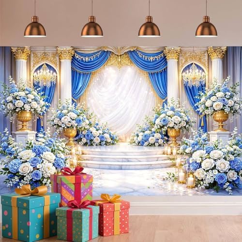 9X6ft European Palace Wedding Backdrop Blue and White Flower Wedding Party Decortions Photography Background Anniversary Birthday Baby Shower Girl Party Photo Booth Props Backdrops Wall Decor - Image 4