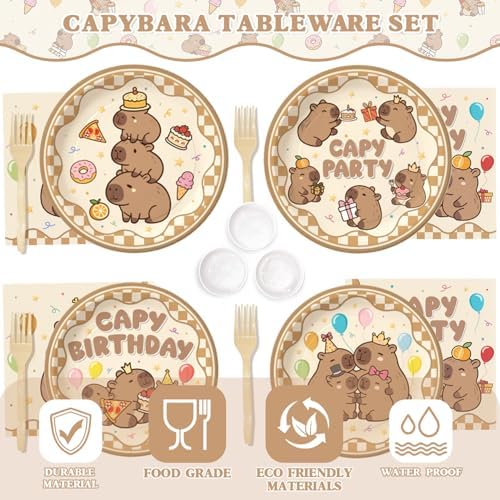 Kinovo 176 Pcs Capybara Birthday Decorations (Serves 24), Capybara Party Decorations Include Banner Hanging Plates Napkins Cups Forks Tablecloth Topper Balloons for Party - Image 5