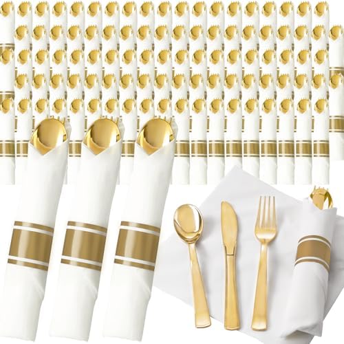 200 Pack Pre Rolled Gold Silverware Set Disposable for Wedding by Joyido