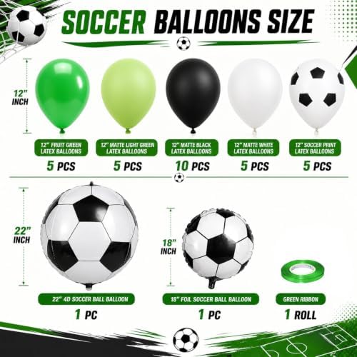 Green Soccer Balloons, Green Black and White Football Theme Balloons with 4D Foil Football Balloon for Boys Kids Soccer Birthday Sports Themed Baby Shower Graduation Party Decorations - Image 2