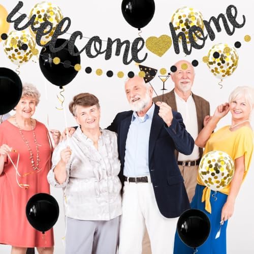 Welcome Home Decorations Set Glittery Black Gold Welcome Home Banner+2M Preassembled Circle Dots Garland+10pcs Balloons for Housewarming Deployment Come Back Home Parties Decor - Image 6