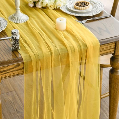 Artoid Mode 6PCS Yellow Gauze Table Runner 120 Inch 10FT, Seasonal Sheer Kitchen Dining Holiday Wedding Birthday Baby Shower Table Decor for Home Party by ArtoidMode