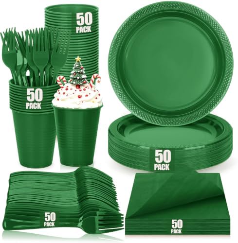 Green Plastic Plastic Party Plates and Napkins Set for Birthday, Christmas by UseOnceDoneRight