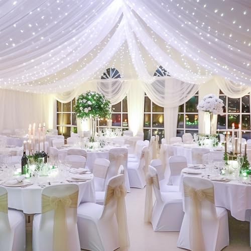 White Ceiling Drapes with Lights String for Weddings, 6 Panels 5ftx30ft Sheer Tulle Backdrop Photo Background Drapes for Wedding Ceremony Birthday Party Arch Decoration - Image 4