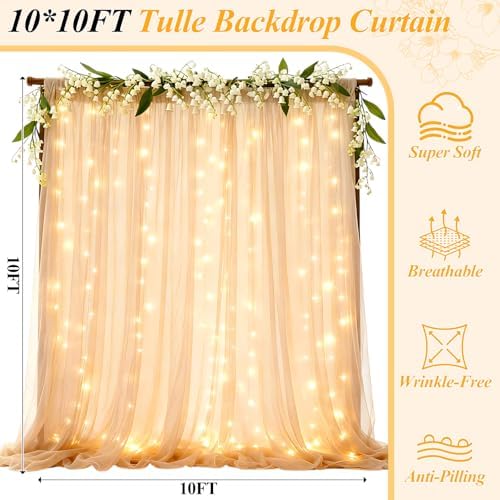 Ledido 10×10ft Champagne Tulle Backdrop Curtain with Light(4 Panels 5×10ft) - Image 2