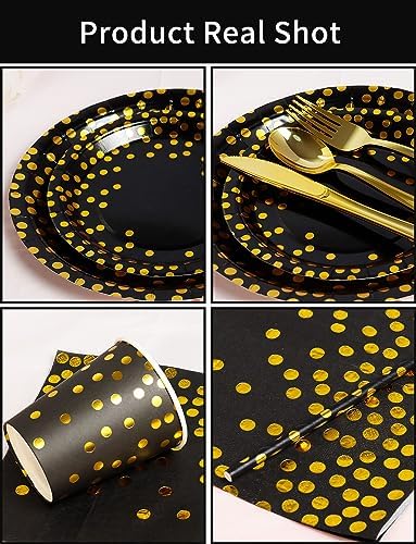 Nkaiso 141Pcs Black Gold Paper Plates and Napkins Party Supplies for20 - Image 2