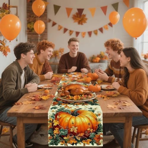 13x72 Inch Fall Table Runner - Orange Polka Dot Pumpkin Eucalyptus Wood Design, Festive Autumn Home Party Kitchen Decor by YOPINCO