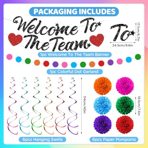 Welcome To The Team Party Decorations Black Glittery Welcome Signs Banner Hanging Swirls Colorful Paper Pompoms Circle Dots Garland for New Employee Coworker Teacher Colleague Staff Team Member Office Party - Image 7