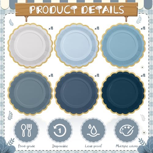 48 Pcs Dusty Blue Paper Plates 9 Inch Gradient Scalloped Paper Blue Plates Disposable Dinner Dessert for Birthday Wedding Bridal Party Supplies, 6 Colors - Image 4