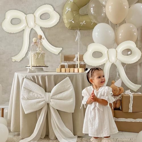 4 Pcs Bow Birthday Decorations Cream Bow Balloons for Girl Women Bow Themed Party Decorations Giant Foil Beige Balloons for Birthday Baby Shower Gender Reveal Wedding Decor Party Supplies - Image 3