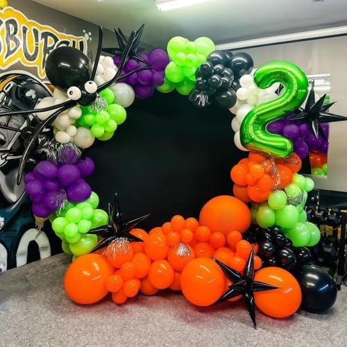 Halloween Balloon Arch Garland Kit, Dark Purple Bright Light Lime Green Orange White Eyeball Balloons with 3D Bat Pumpkin Spider Ghost Foil Balloon for Halloween Spooky Indoor Outdoor Party Decoration - Image 5