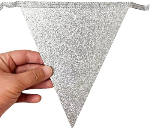 Teal Blue and Silver White Pennant Banner Flag Hanging Glitter Paper Triangle Bunting for Birthday Graduation Bridal Shower Wedding Shower Engagement Turquoise Aqua Party Decorations Supplies - Image 5