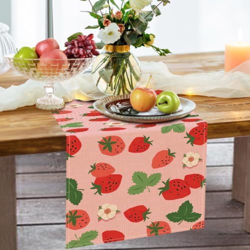 Strawberry Pink Dining Table Runner, Spring Summer Fruit Flowers - Image 5
