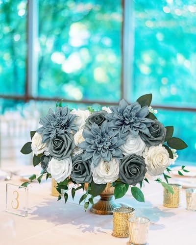 FACINOC Roses Artificial Flowers Dusty Blue Fake Flower with Stem Box Set - Image 5