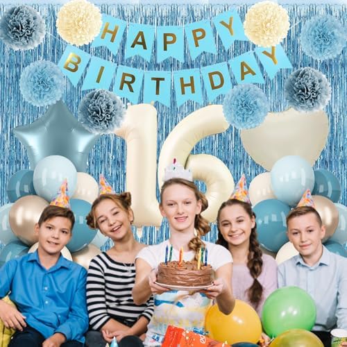 Dusty Blue 16th Birthday Party Decorations Boys Beige Number 16 Balloon - Image 3
