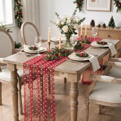 Artoid Mode Red Gauze White Flocking Dots Table Runner 10FT, Christmas Sheer Dining Table Decor for Wedding Anniversary Holiday Birthday Home Party - Image 4