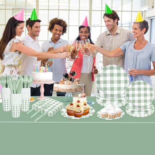 175 PCS Sage Green Gingham Plates and Napkins, Green Checkered Disposable Plates Set with Napkins Cups Plastic Spoons Forks Knives for Dinner Birthday Baby Shower Wedding Supplies Serve 25 Guests - Image 4