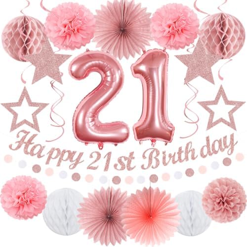 Rose Gold Light Pink White 21st Happy Birthday Party Decorations Hugmoon by PartyDecorations