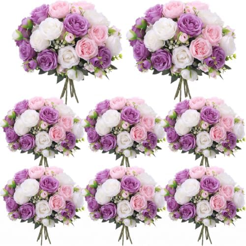 Geosar 8 Bundles Artificial Peonies Flowers,Dark Purple, Pink, White by Geosar