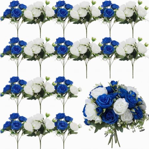 Geosar 24 Bundles Artificial Peonies Flowers,Royal Blue,White by Geosar