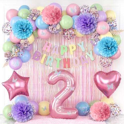 Pastel 2nd Birthday Colorful Party Decorations Girls Pink Number 2 Balloon by KAINSY
