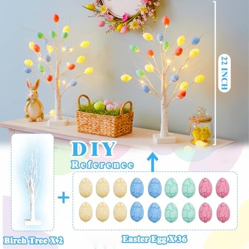 Vanthylit Easter Decorations, 2 Pack Lighted Easter Tree Battery Operated with Timer, 22 Inch LED Birch Tree with 36 Egg Ornaments Indoor Tabletop Centerpiece Light for Home Decor - Image 4
