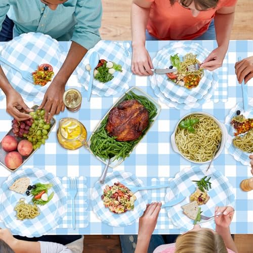 WNINK 176 PCS Light Blue Gingham Plates and Napkins, Blue Checkered Disposable Plates Set with Napkins Cups Plastic Spoons Forks Knives for Dinner Birthday Baby Shower Wedding Supplies Serve 25 Guests - Image 7