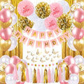 Pink and Gold Birthday Party Decorations for Women with Happy Birthday Banner,Curtains, Butterfly Wall,Circle Dots Garland,Tissue Pompoms,Paper Tassels Garland for Her by pugkloy