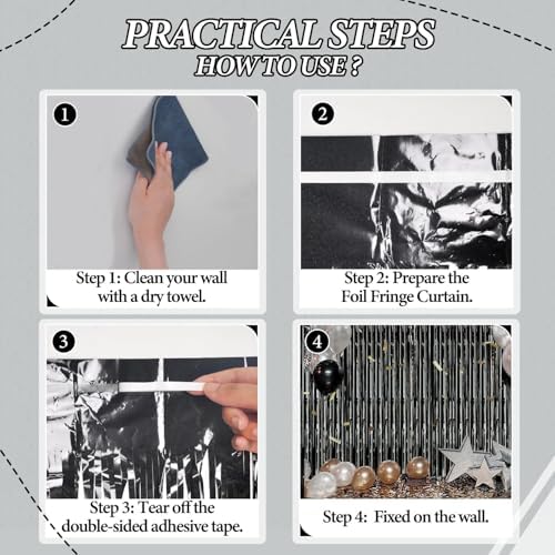 DECOCKRAT 3 Pack Foil Fringe Backdrop - Laser Black Shiny Tinsel Curtains for Party Decoration/Photo Booth Props - 3.3x8.2 FT Metallic Foil Backdrop for Birthday, Wedding, Graduation, Christmas. - Image 2