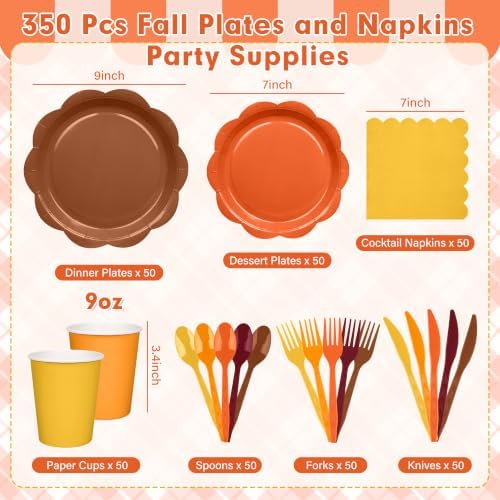 350 Pcs Orange Brown Fall Party Supplies - Red Orange Yellow Autumn Tableware set Include Gradient Scalloped Plate Napkin Cup & Cutlery for Thanksgiving, Fall Wedding, Harvest Party - Image 2