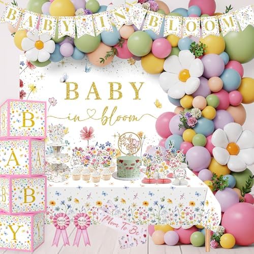 Baby In Bloom Baby Shower Decorations, 175Pcs All in One Set Wildflower Baby Shower Decorations Boxes Banner Backdrop Tablecloth Cake Topper Balloon Sash for Floral Baby in Bloom Shower Party Girls by OUNIY