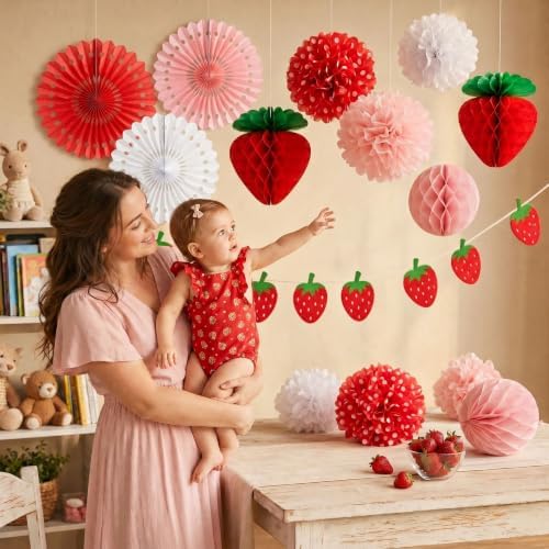 ANSOMO Strawberry Party Decorations Red Pink White Tissue Pom Poms Fans Honeycom Balls Lanterns Garland Classroom Berry Sweet Fruits 1st One Birthday Bridal Baby Shower Décor Supplies Girls - Image 4