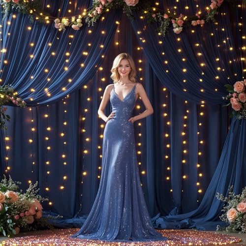 20x10FT Navy Blue Backdrop Curtains with Lights for Parties,Wrinkle Free Wedding Photo Backdrop Curtains for Baby Shower Birthday Ceremony Reception Home Party Decorations-5ft x 10ft,4 Panels - Image 4