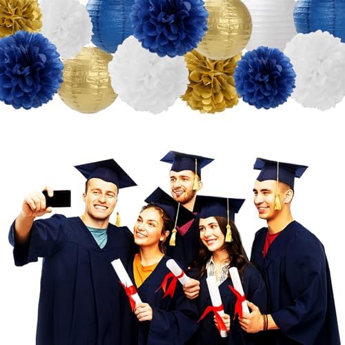 Navy-Blue Gold Party-Decorations Paper-Flowers Lanterns - 15PCS Royal White Baby Bridal Shower Tissue Pom Poms Streamers, Bachelorette Birthday Wedding Graduation Hanging Supplies Decor Hugfond - Image 5