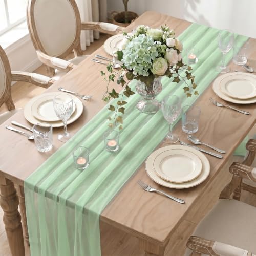 Artoid Mode Light Green Gauze Table Runner 28x120Inch, Seasonal Sheer Kitchen Dining Holiday Wedding Birthday Baby Shower Table Decor for Home Party - Image 4