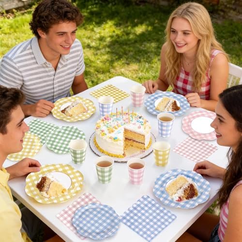 200Pcs Gingham Plates and Napkins Party Supplies in 4 Colors for 24 Guests - Image 6