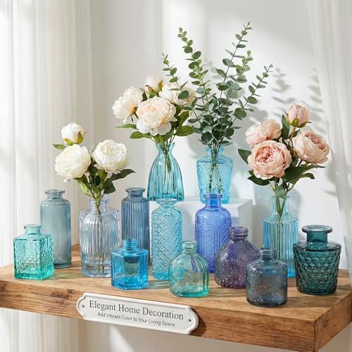 Set of 15 Blue Glass Bud Vases Small Textured Flower Vases - Image 7