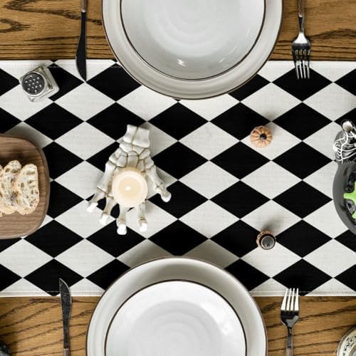 Artoid Mode Black Beige Diamond Plaid Table Runner, Seasonal Halloween Party Kitchen Dining Table Decoration for Home Party Decor 13x72 Inch - Image 3