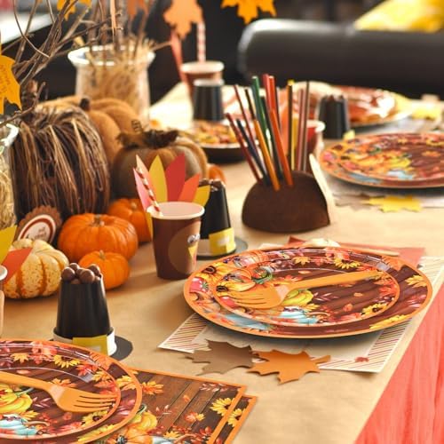 96 Pieces Thanksgiving Pumpkin Tableware Set Party Supplies - Rustic Wood Grain Disposable Dinnerware with Paper Plates, Napkins, Forks for Fall Harvest, Friendsgiving, and Thanksgiving Dinner - Image 6