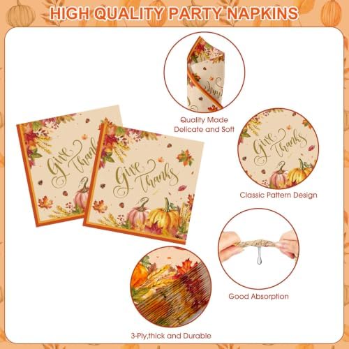82 Pcs Thanksgiving Paper Plates and Napkins Set - Disposable Gives Thanks Fall Leaf Pumpkin Tableware with Cups Banner Tablecloth for Harvest Thanksgiving Party Decorations Supplies, Serves 20 - Image 4